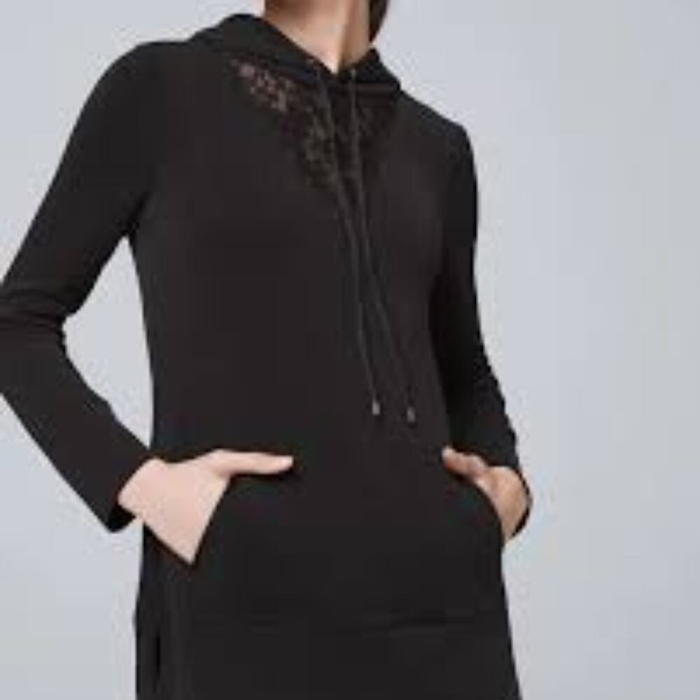 White House Black Market WHBM WKND Lace Inset Black Hoodie - Picture 2 of 10